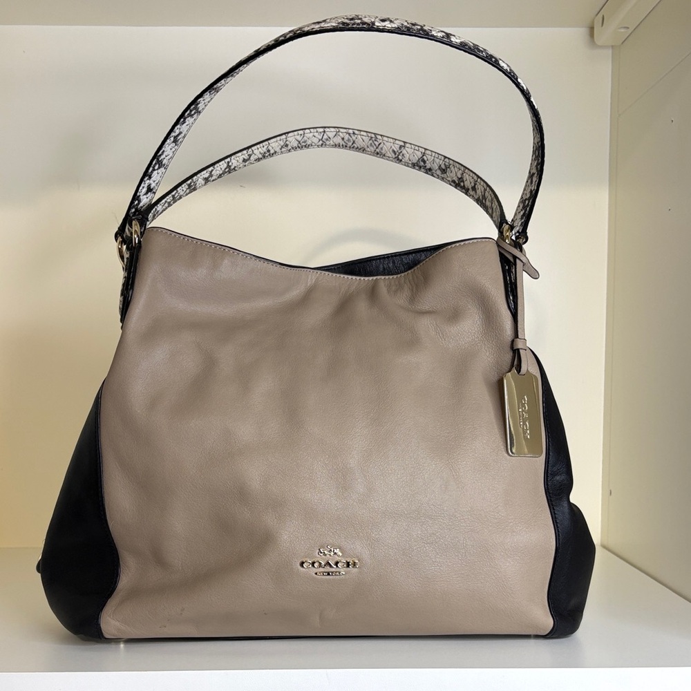 Coach Taupe and Black Leather Hobo with Snakeskin-Print Strap